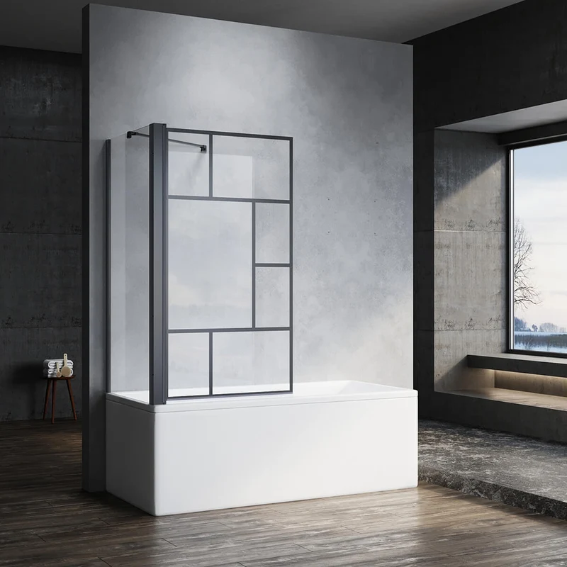 SONNI Duschwand für Badewanne mit Schwarzem Gitterdesign NANO-GLAS Badewannenaufsatz faltbar Duschabtrennung Badewanne 80x140 cm(BxH)