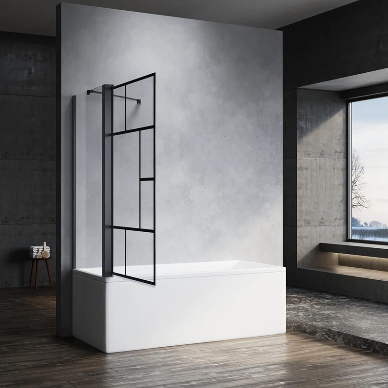 SONNI Duschwand für Badewanne mit Schwarzem Gitterdesign NANO-GLAS Badewannenaufsatz faltbar Duschabtrennung Badewanne 80x140 cm(BxH)