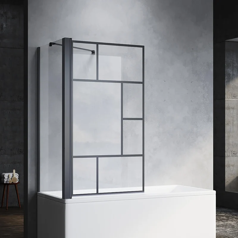 SONNI Duschwand für Badewanne mit Schwarzem Gitterdesign NANO-GLAS Badewannenaufsatz faltbar Duschabtrennung Badewanne 80x140 cm(BxH)
