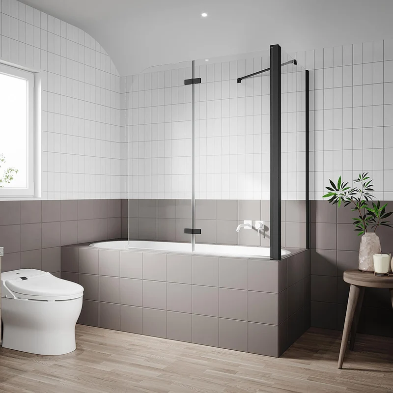SONNI Duschwand für Badewanne Schwarz mit Seitenwand NANO-GLAS Badewannenaufsatz 2-teilig faltbar 120x140 cm(BxH) Duschabtrennung Badewanne