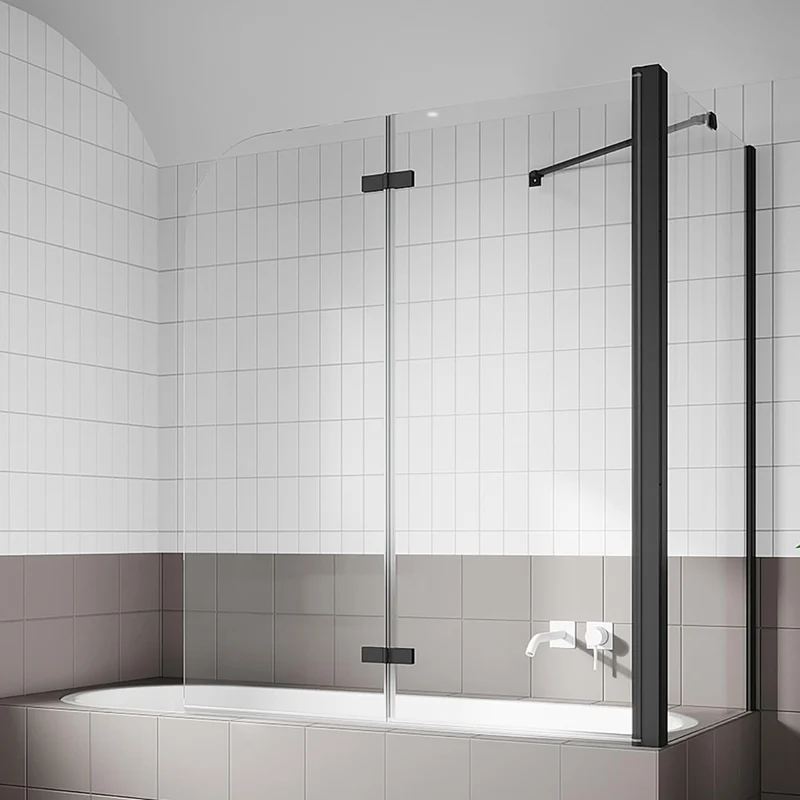 SONNI Duschwand für Badewanne Schwarz mit Seitenwand NANO-GLAS Badewannenaufsatz 2-teilig faltbar 120x140 cm(BxH) Duschabtrennung Badewanne