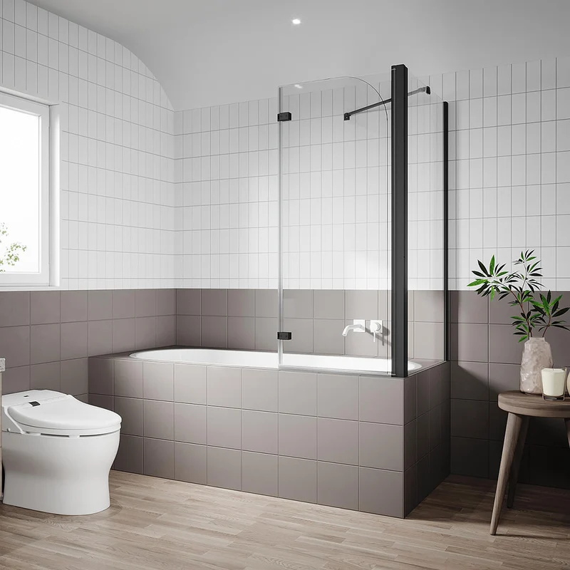 SONNI Duschwand für Badewanne Schwarz mit Seitenwand NANO-GLAS Badewannenaufsatz 2-teilig faltbar 120x140 cm(BxH) Duschabtrennung Badewanne