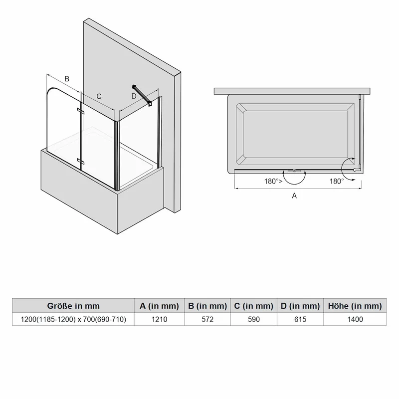 SONNI Duschwand für Badewanne Schwarz mit Seitenwand NANO-GLAS Badewannenaufsatz 2-teilig faltbar 120x140 cm(BxH) Duschabtrennung Badewanne