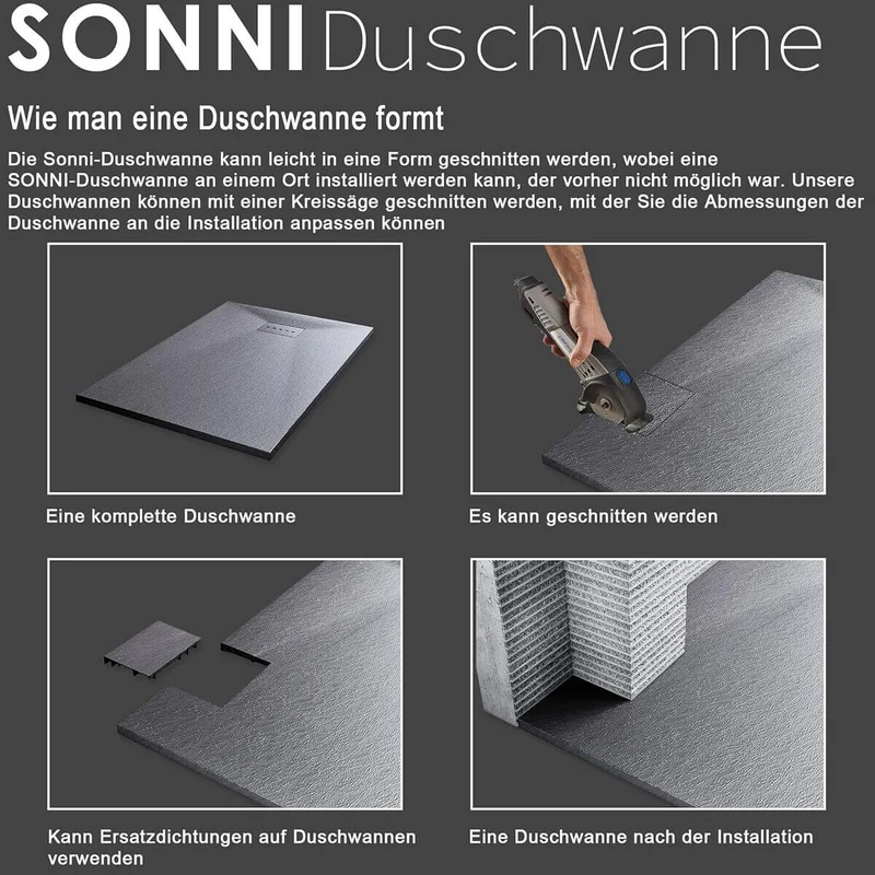SONNI Design Duschwanne Flache SMC Duschtasse Antirutsch Brausewanne Grau Includes Ablaufgarnitur