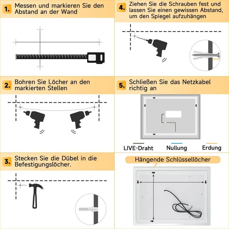 SONNI LED Spiegel Badspiegel mit Beleuchtung, Bluetooth Sound Touchschalter 60 x 50 cm