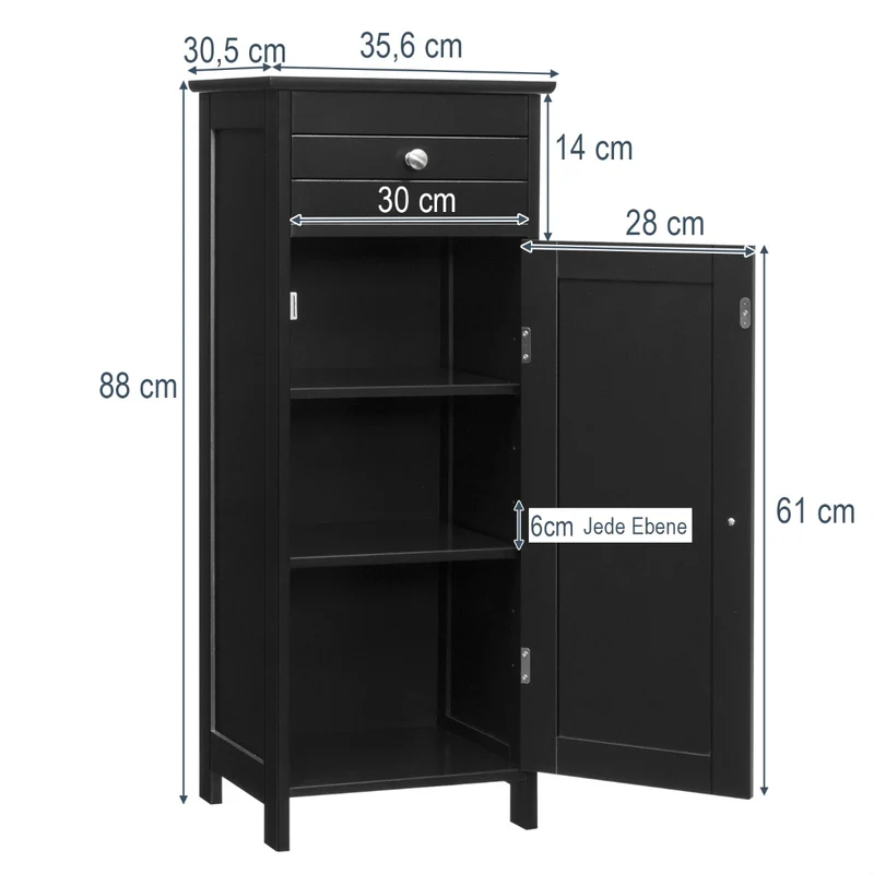 Costway Badezimmer-Bodenschrank freistehender Schrank mit 1 großen Schublade & 2 verstellbaren Regale Schwarz