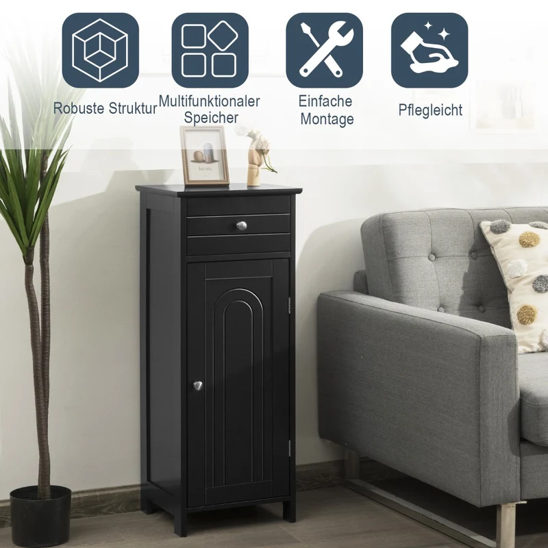 Costway Badezimmer-Bodenschrank freistehender Schrank mit 1 großen Schublade & 2 verstellbaren Regale Schwarz