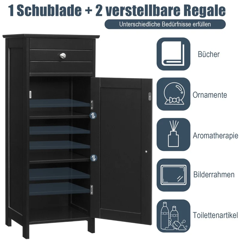 Costway Badezimmer-Bodenschrank freistehender Schrank mit 1 großen Schublade & 2 verstellbaren Regale Schwarz