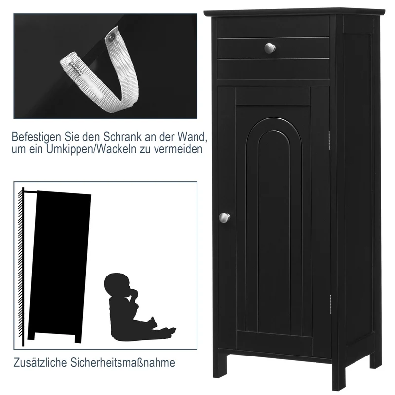 Costway Badezimmer-Bodenschrank freistehender Schrank mit 1 großen Schublade & 2 verstellbaren Regale Schwarz