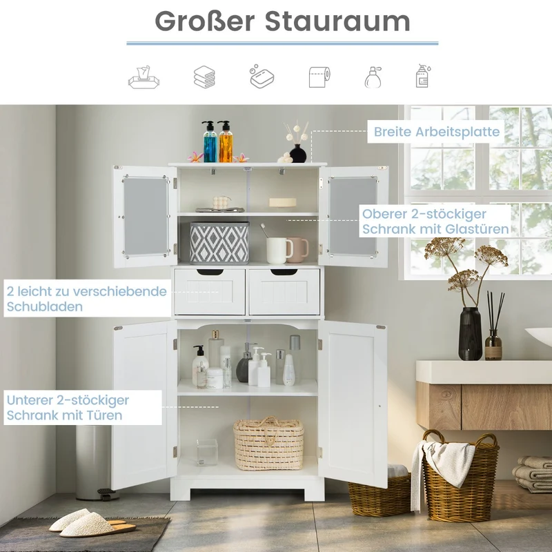 Costway - Bücherregal, Vorratsschrank Freistehender Badezimmerschrank mit 2 Glastüren, 60 x 30 x 128 cm, Weiß