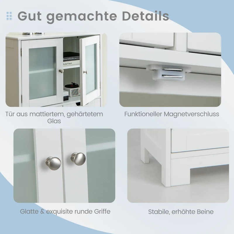 Costway - Bücherregal, Vorratsschrank Freistehender Badezimmerschrank mit 2 Glastüren, 60 x 30 x 128 cm, Weiß