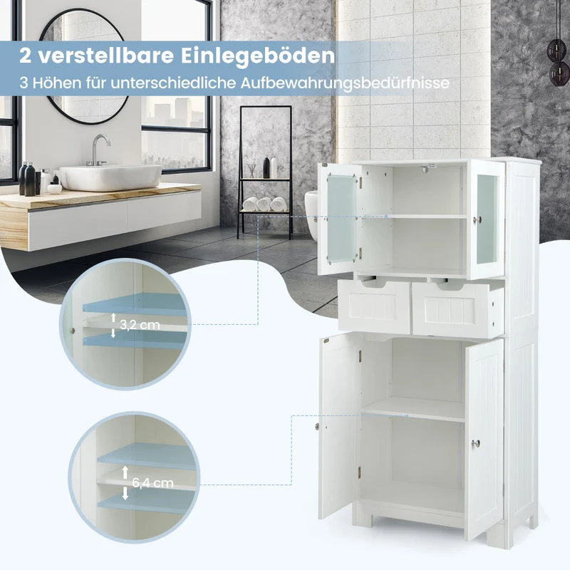 Costway - Bücherregal, Vorratsschrank Freistehender Badezimmerschrank mit 2 Glastüren, 60 x 30 x 128 cm, Weiß