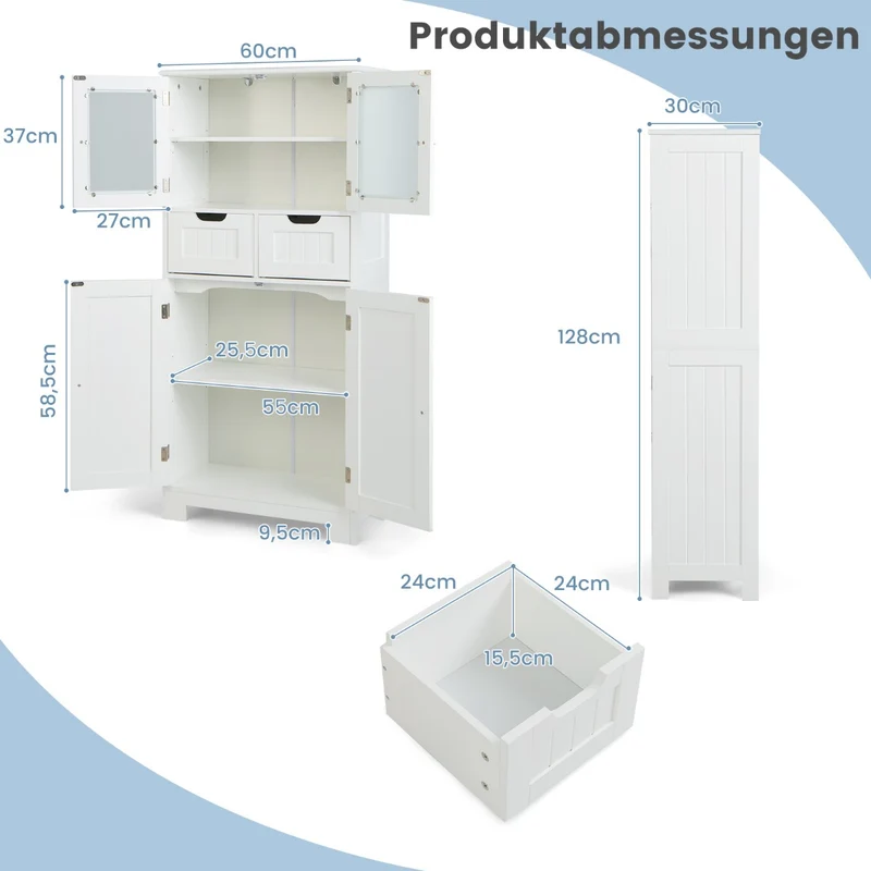 Costway - Bücherregal, Vorratsschrank Freistehender Badezimmerschrank mit 2 Glastüren, 60 x 30 x 128 cm, Weiß