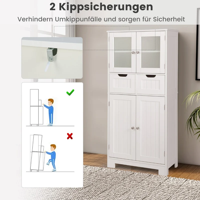 Costway - Bücherregal, Vorratsschrank Freistehender Badezimmerschrank mit 2 Glastüren, 60 x 30 x 128 cm, Weiß