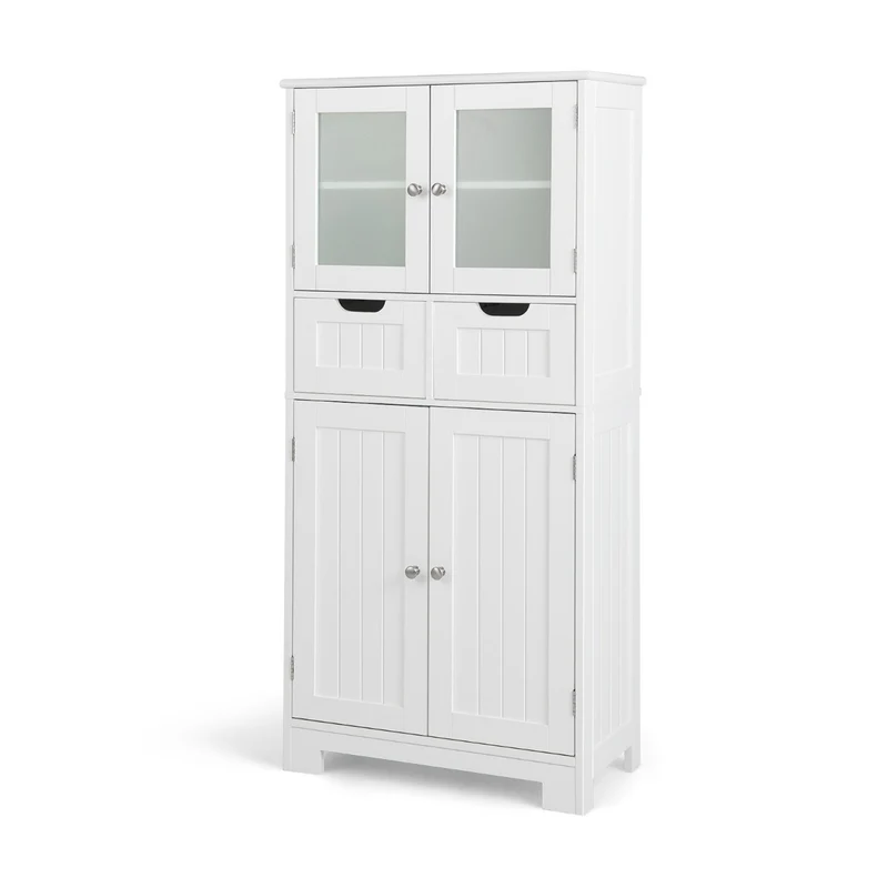 Costway - Bücherregal, Vorratsschrank Freistehender Badezimmerschrank mit 2 Glastüren, 60 x 30 x 128 cm, Weiß