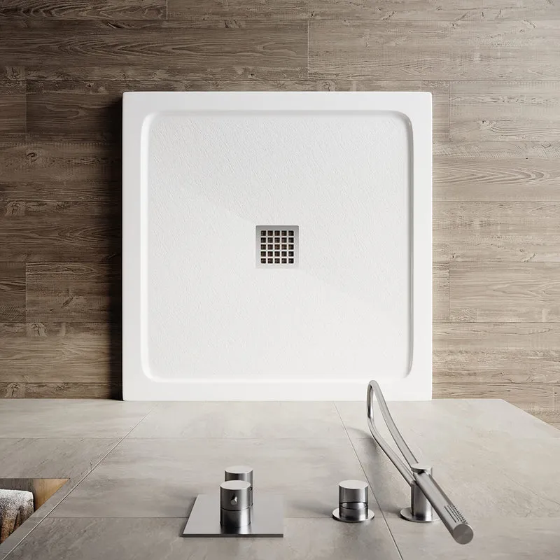 SONNI Quadratische Form Duschtasse- mit flachem Design, Rutschfeste Duschwanne aus, Material SMC, Mittige Entwässerung, inklusive Ablaufgarnitur