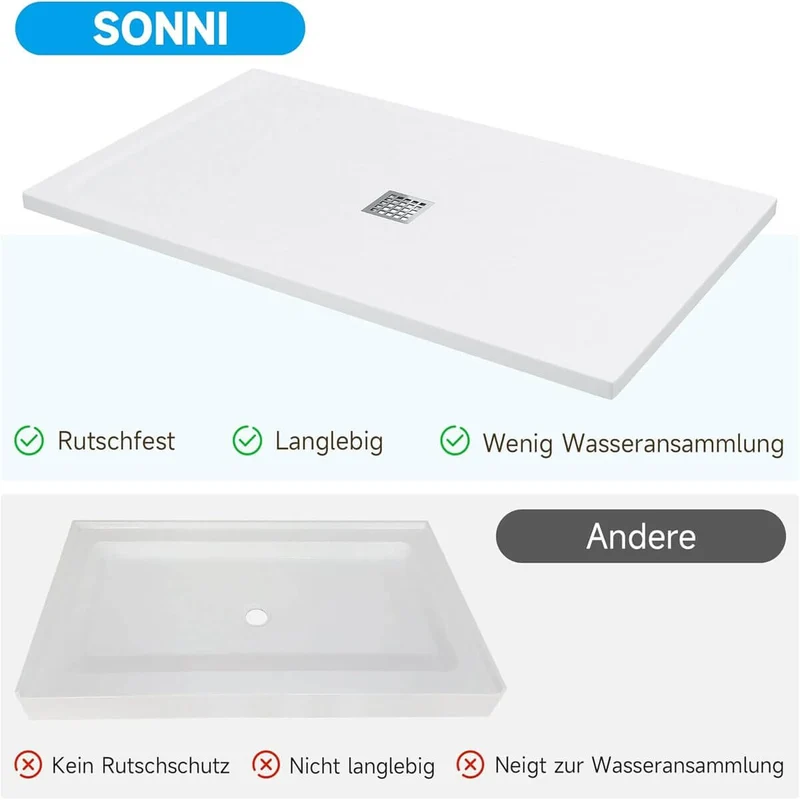 SONNI Quadratische Form Duschtasse- mit flachem Design, Rutschfeste Duschwanne aus, Material SMC, Mittige Entwässerung, inklusive Ablaufgarnitur