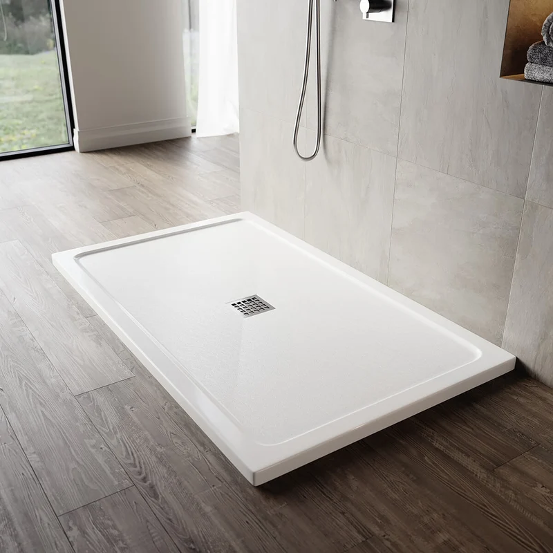 SONNI Quadratische Form Duschtasse- mit flachem Design, Rutschfeste Duschwanne aus, Material SMC, Mittige Entwässerung, inklusive Ablaufgarnitur