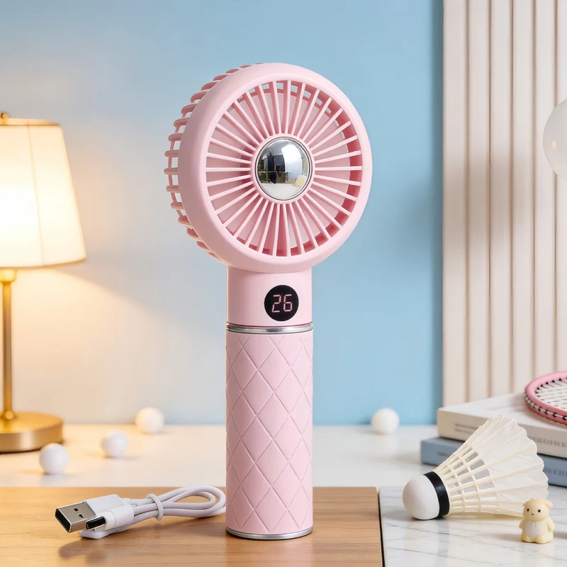 Dame bærbar mini-håndvifte med digital temperaturvisning og søtt bjørn-design Luvikno