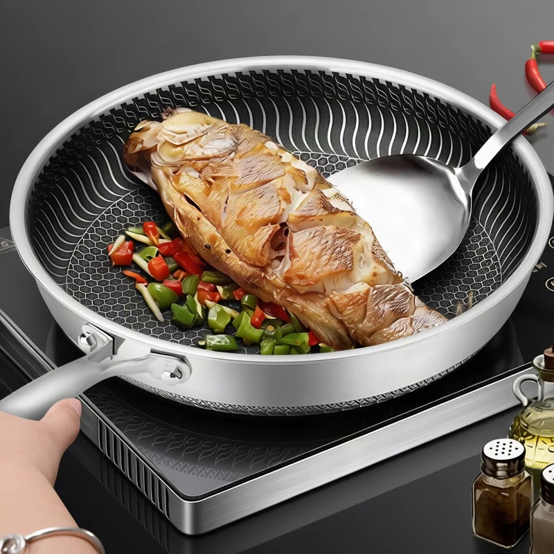 Stainless steel frying pan with glass lid