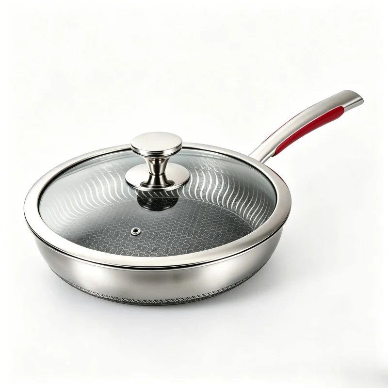 Stainless steel frying pan with glass lid