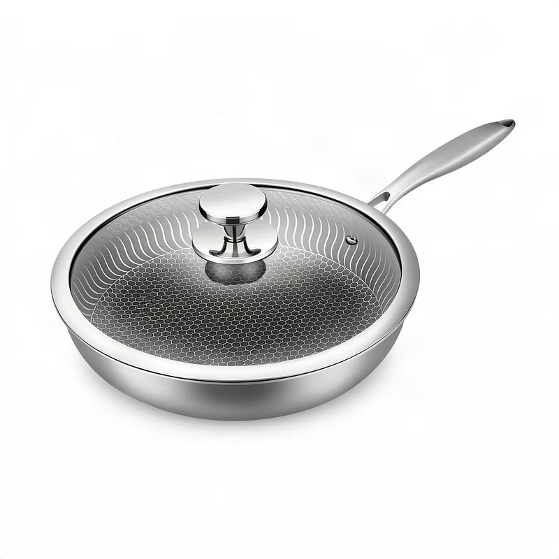 Stainless steel frying pan with glass lid