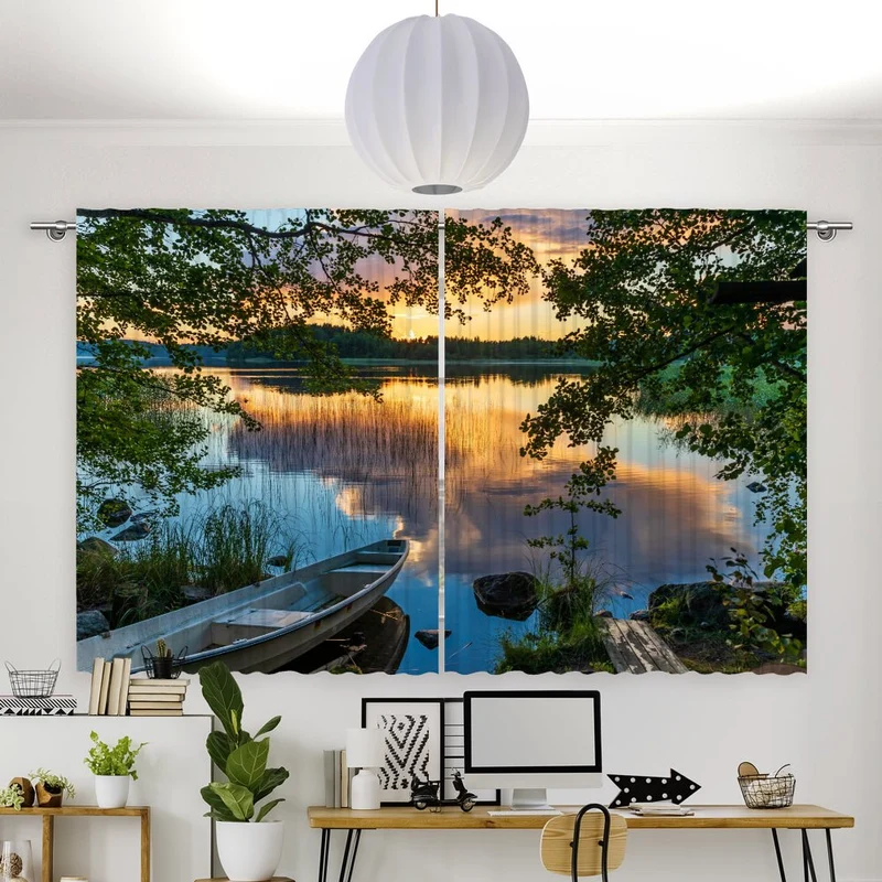 Vorhang Motiv "Wald See Boot"