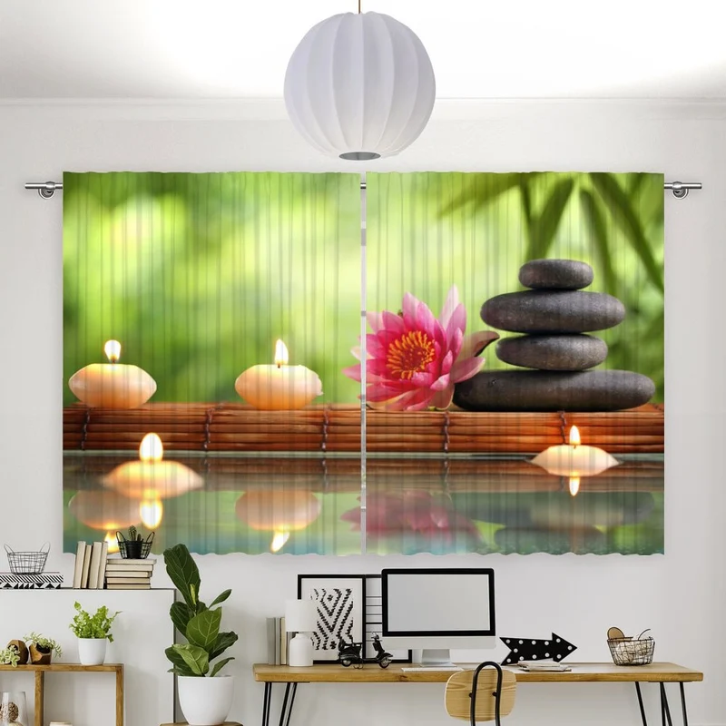Vorhang Motiv "Lotus Kerze Steinturm"