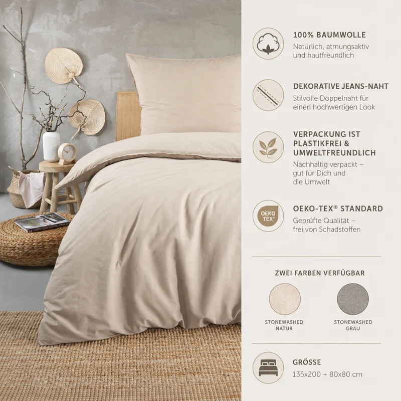 pure hug Renforcé-Bettwäsche Washed Cotton 100 % Baumwolle – 135x200 + 80x80 cm
