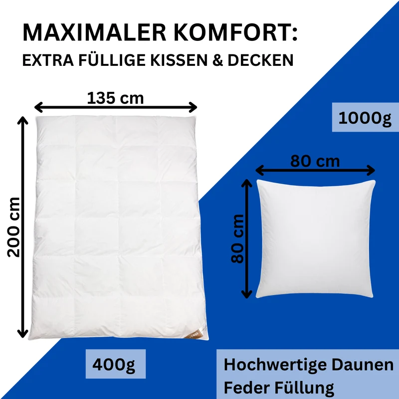 MOON - Bettenset Ganzjahresdecke - Daunen Federn Decke und Kissen - ca. 135x200 + 80x80 cm