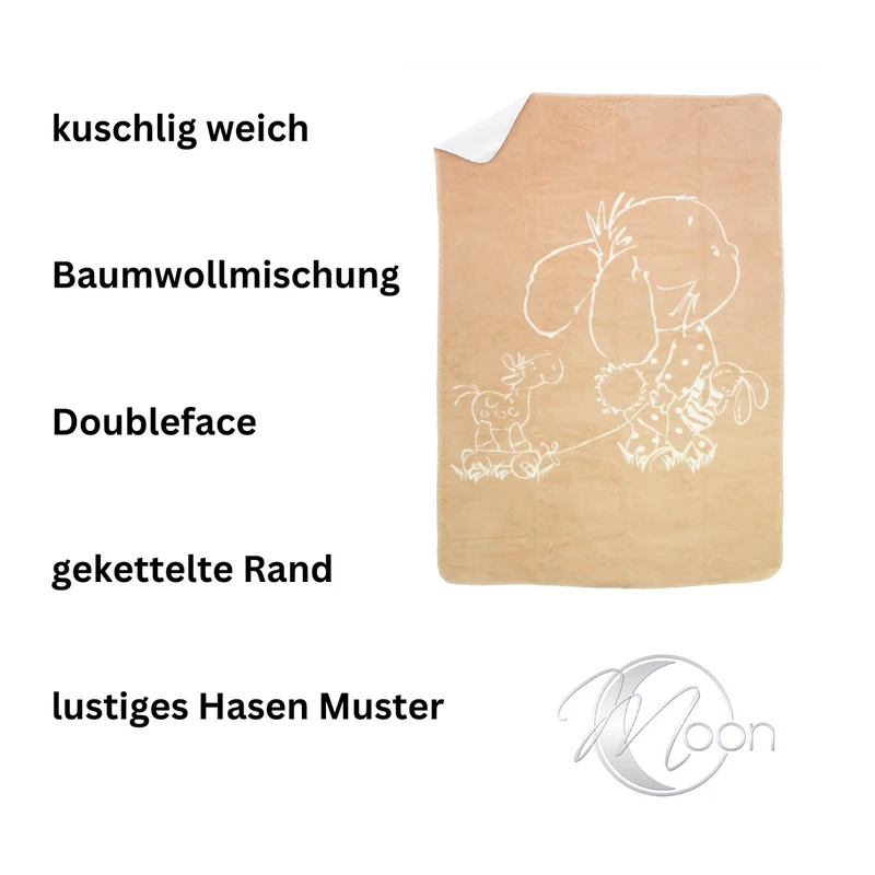 Moon Baby Kinder Kuscheldecke 100x150 Baumwolle Hase doppelseitig und flauschig
