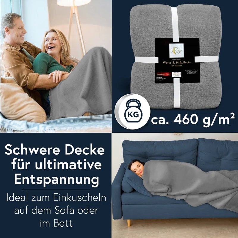 MOON Luxury Kuscheldecke, Wohndecke, UNI Decke aus Baumwolle (60%) und Microfasern (40%), ca. 150x200 cm mit geketteltem Rand