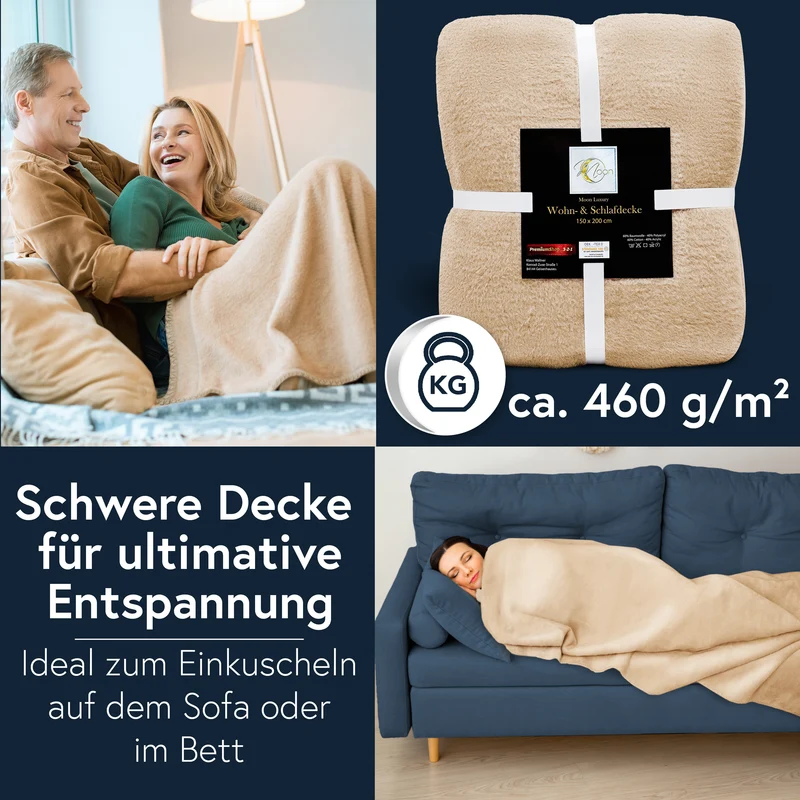 MOON Luxury Kuscheldecke, Wohndecke, UNI Decke aus Baumwolle (60%) und Microfasern (40%), ca. 150x200 cm mit geketteltem Rand