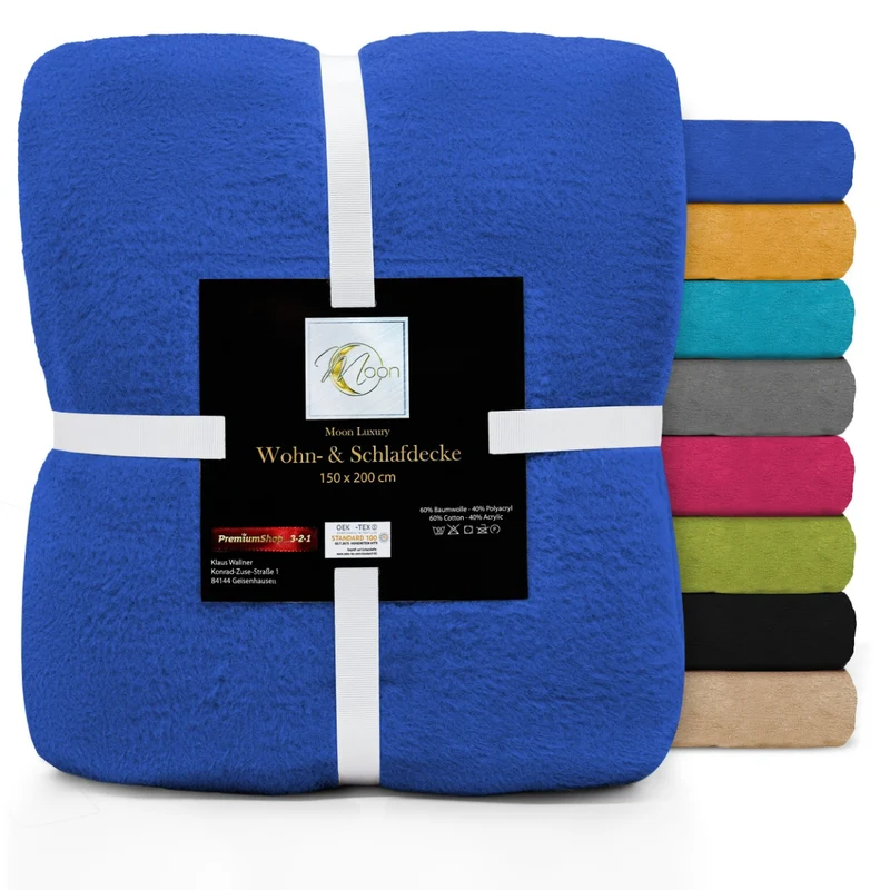 MOON Luxury Kuscheldecke, Wohndecke, UNI Decke aus Baumwolle (60%) und Microfasern (40%), ca. 150x200 cm mit geketteltem Rand