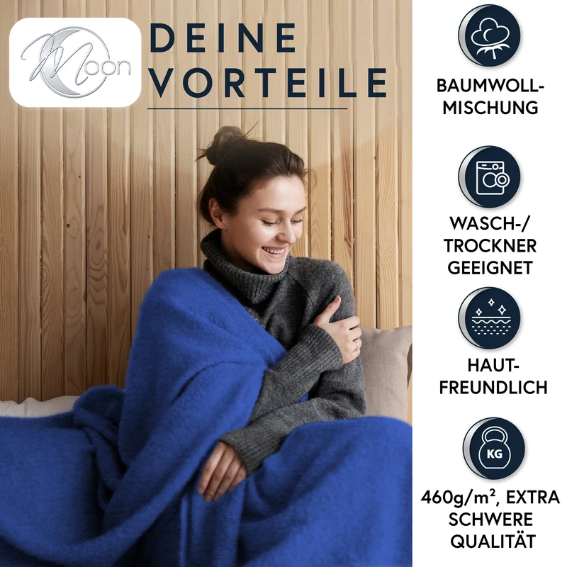 MOON Luxury Kuscheldecke, Wohndecke, UNI Decke aus Baumwolle (60%) und Microfasern (40%), ca. 150x200 cm mit geketteltem Rand