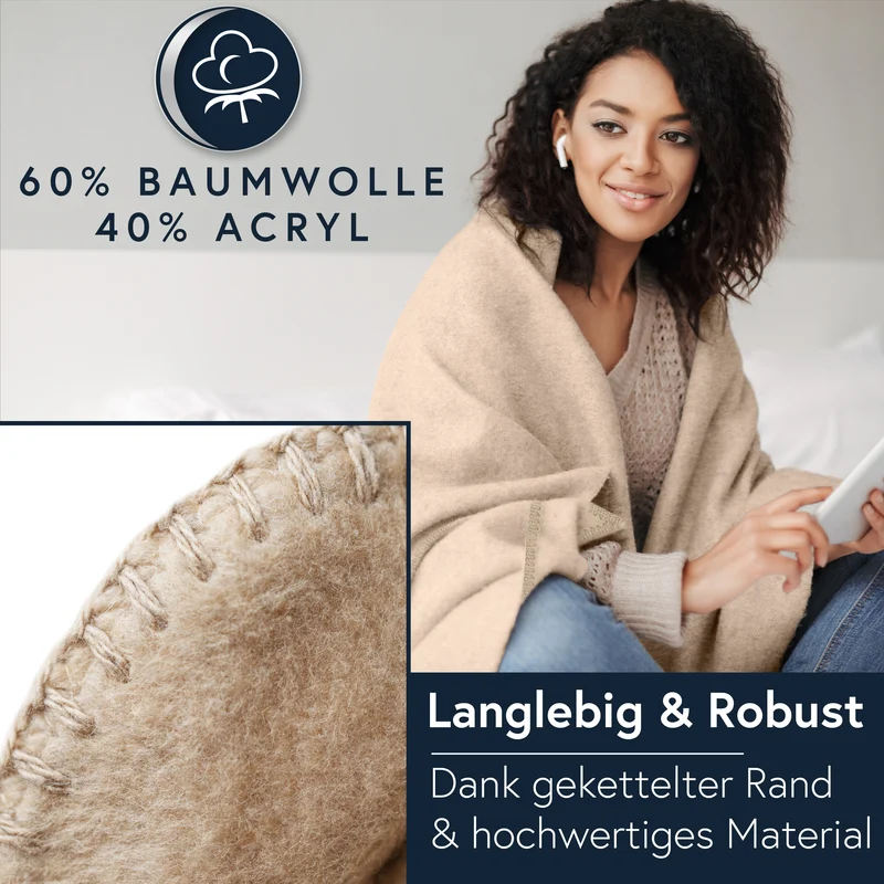 MOON Luxury Kuscheldecke, Wohndecke, UNI Decke aus Baumwolle (60%) und Microfasern (40%), ca. 150x200 cm mit geketteltem Rand