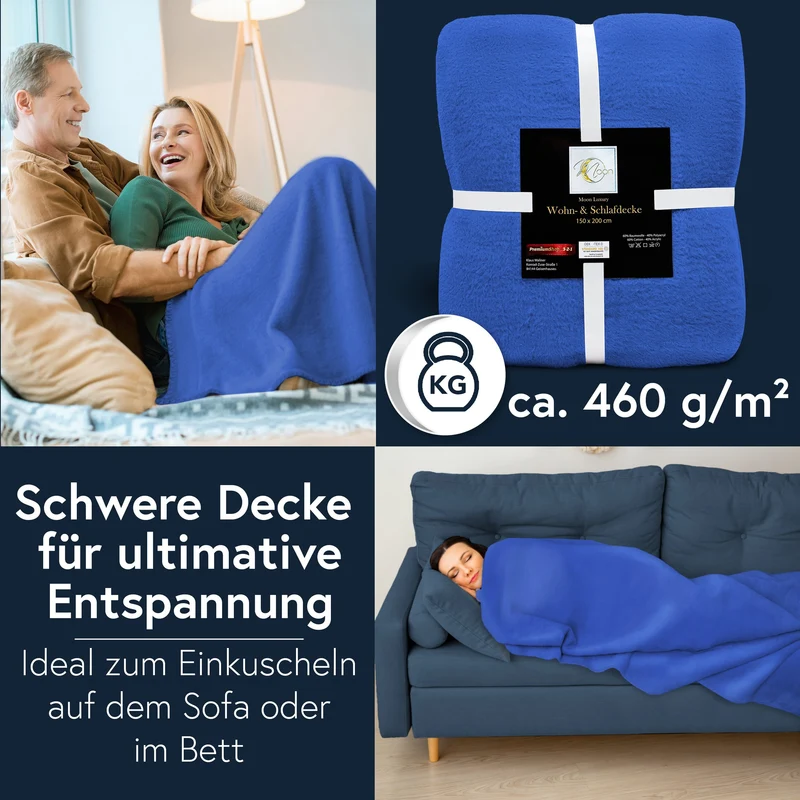 MOON Luxury Kuscheldecke, Wohndecke, UNI Decke aus Baumwolle (60%) und Microfasern (40%), ca. 150x200 cm mit geketteltem Rand