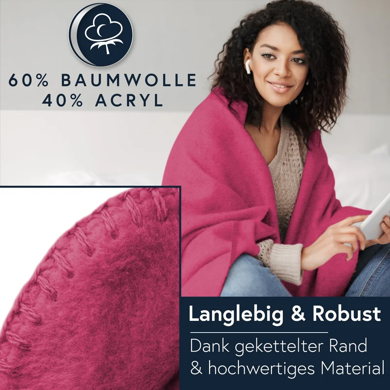 MOON Luxury Kuscheldecke, Wohndecke, UNI Decke aus Baumwolle (60%) und Microfasern (40%), ca. 150x200 cm mit geketteltem Rand
