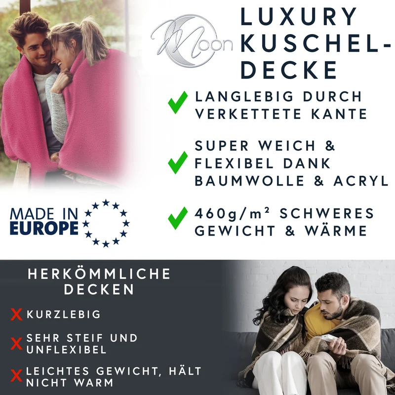 MOON Luxury Kuscheldecke, Wohndecke, UNI Decke aus Baumwolle (60%) und Microfasern (40%), ca. 150x200 cm mit geketteltem Rand