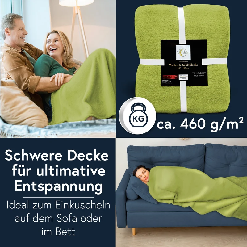 MOON Luxury Kuscheldecke, Wohndecke, UNI Decke aus Baumwolle (60%) und Microfasern (40%), ca. 150x200 cm mit geketteltem Rand