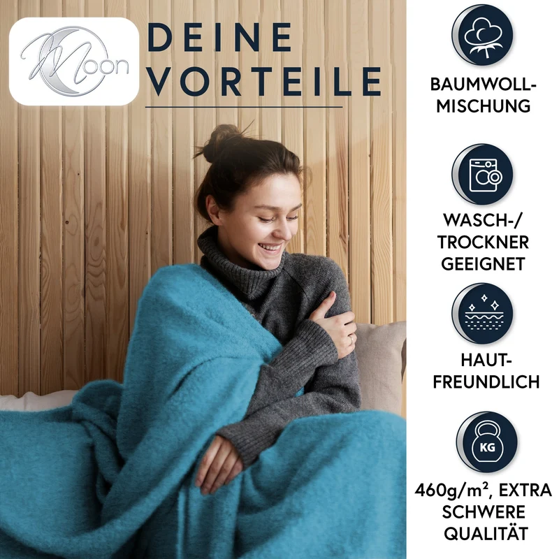 MOON Luxury Kuscheldecke, Wohndecke, UNI Decke aus Baumwolle (60%) und Microfasern (40%), ca. 150x200 cm mit geketteltem Rand