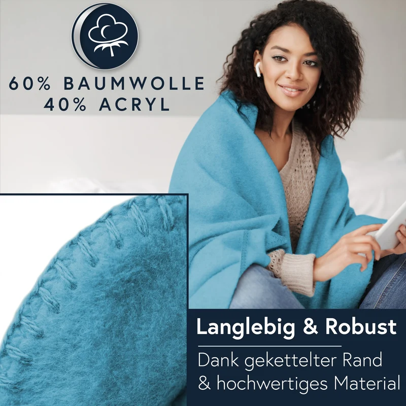 MOON Luxury Kuscheldecke, Wohndecke, UNI Decke aus Baumwolle (60%) und Microfasern (40%), ca. 150x200 cm mit geketteltem Rand