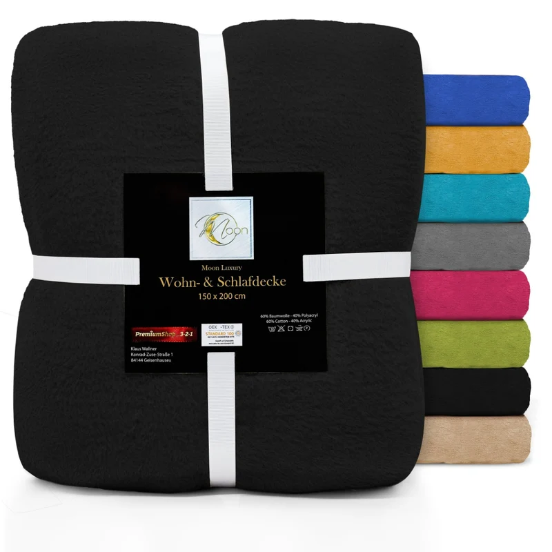 MOON Luxury Kuscheldecke, Wohndecke, UNI Decke aus Baumwolle (60%) und Microfasern (40%), ca. 150x200 cm mit geketteltem Rand
