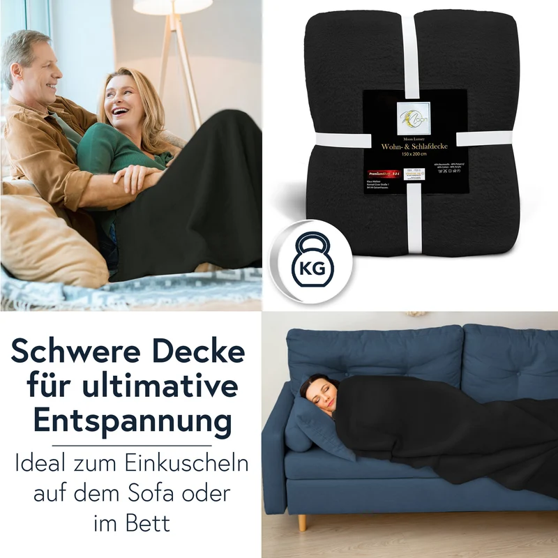 MOON Luxury Kuscheldecke, Wohndecke, UNI Decke aus Baumwolle (60%) und Microfasern (40%), ca. 150x200 cm mit geketteltem Rand