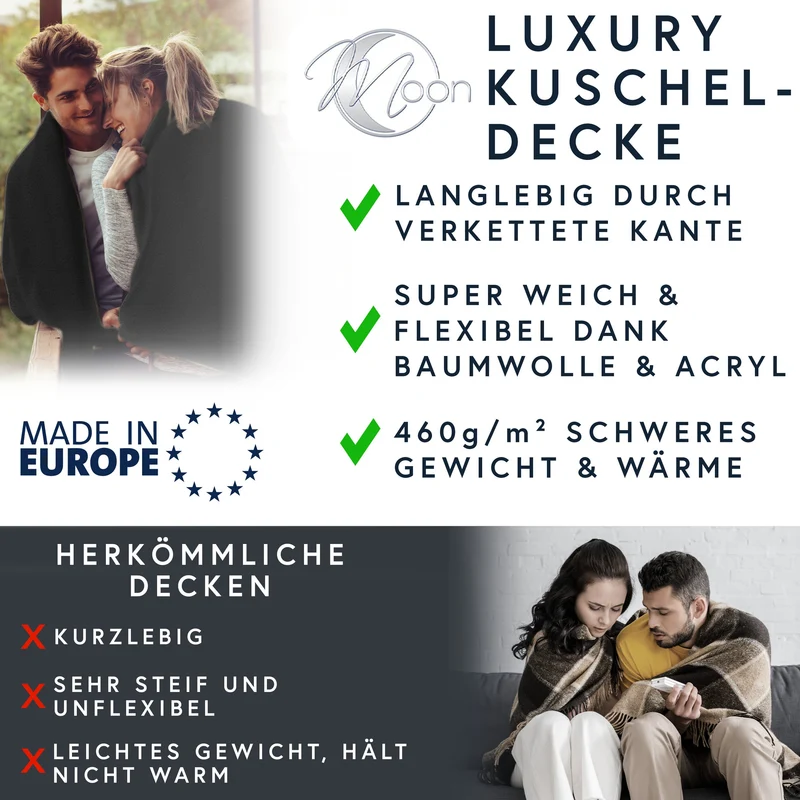 MOON Luxury Kuscheldecke, Wohndecke, UNI Decke aus Baumwolle (60%) und Microfasern (40%), ca. 150x200 cm mit geketteltem Rand