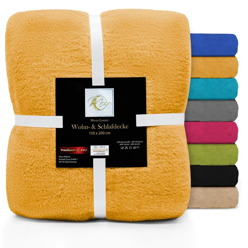 MOON Luxury Kuscheldecke, Wohndecke, UNI Decke aus Baumwolle (60%) und Microfasern (40%), ca. 150x200 cm mit geketteltem Rand