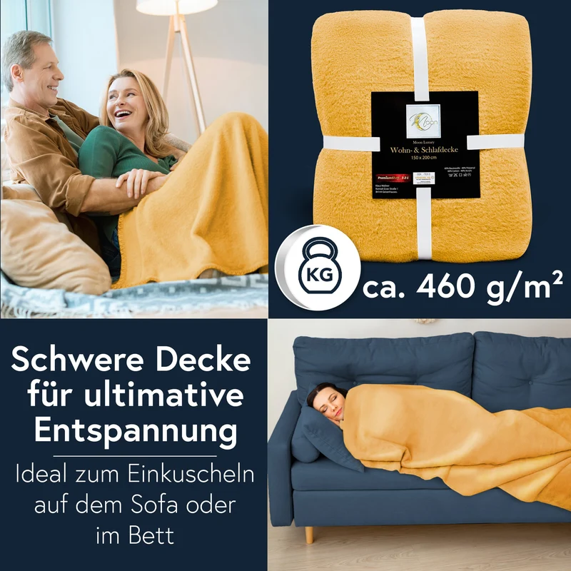 MOON Luxury Kuscheldecke, Wohndecke, UNI Decke aus Baumwolle (60%) und Microfasern (40%), ca. 150x200 cm mit geketteltem Rand