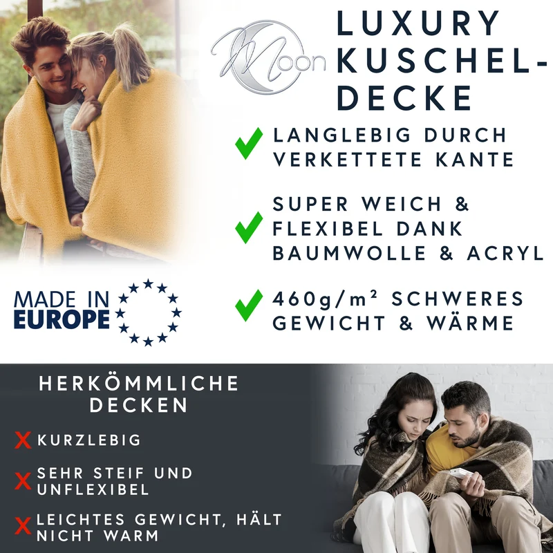 MOON Luxury Kuscheldecke, Wohndecke, UNI Decke aus Baumwolle (60%) und Microfasern (40%), ca. 150x200 cm mit geketteltem Rand