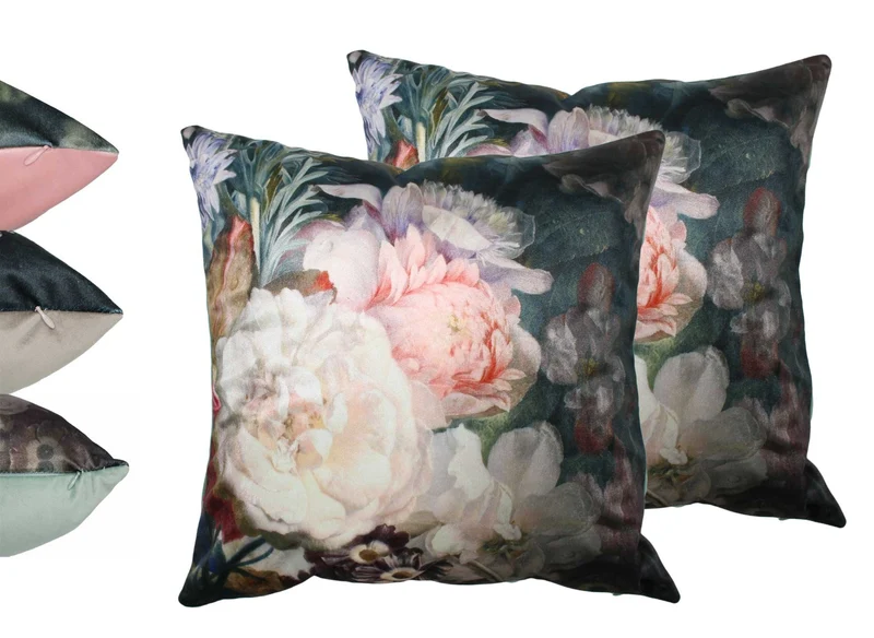MOON 2er Pack Blumen Kissenhüllen Kissenbezüge 45x45 cm Zierkissenbezüge edler Samt Optik