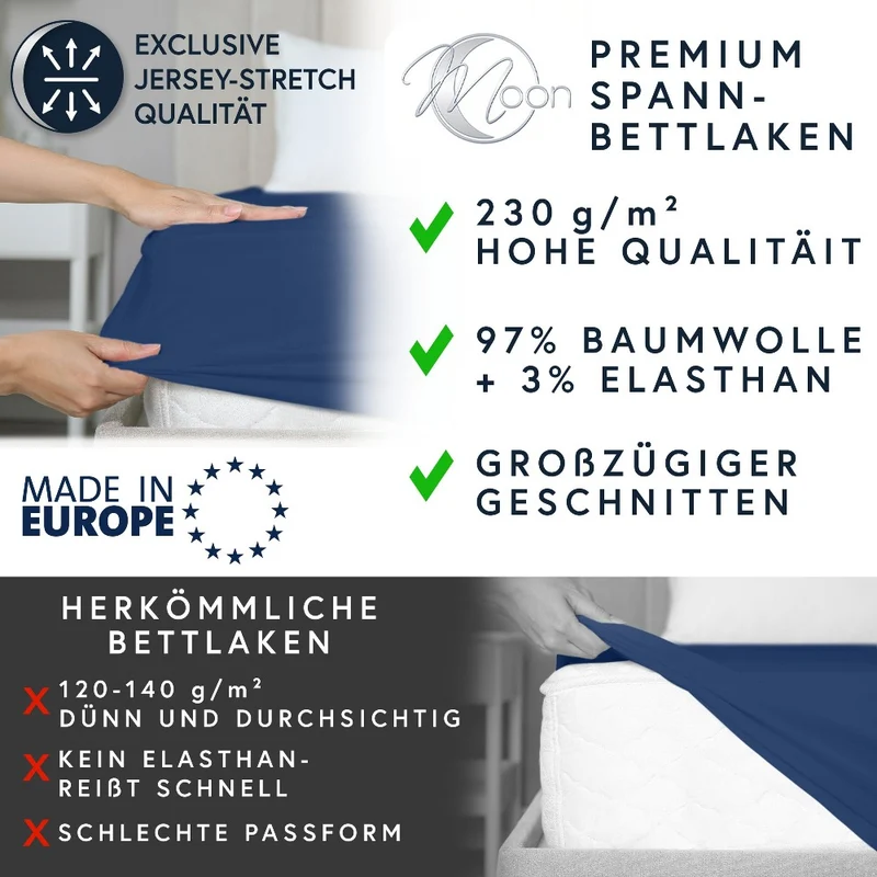 Moon-Luxury Topper Spannbettlaken Jersey 97% Mako-Baumwolle 3% Elastan, 230g/m²
